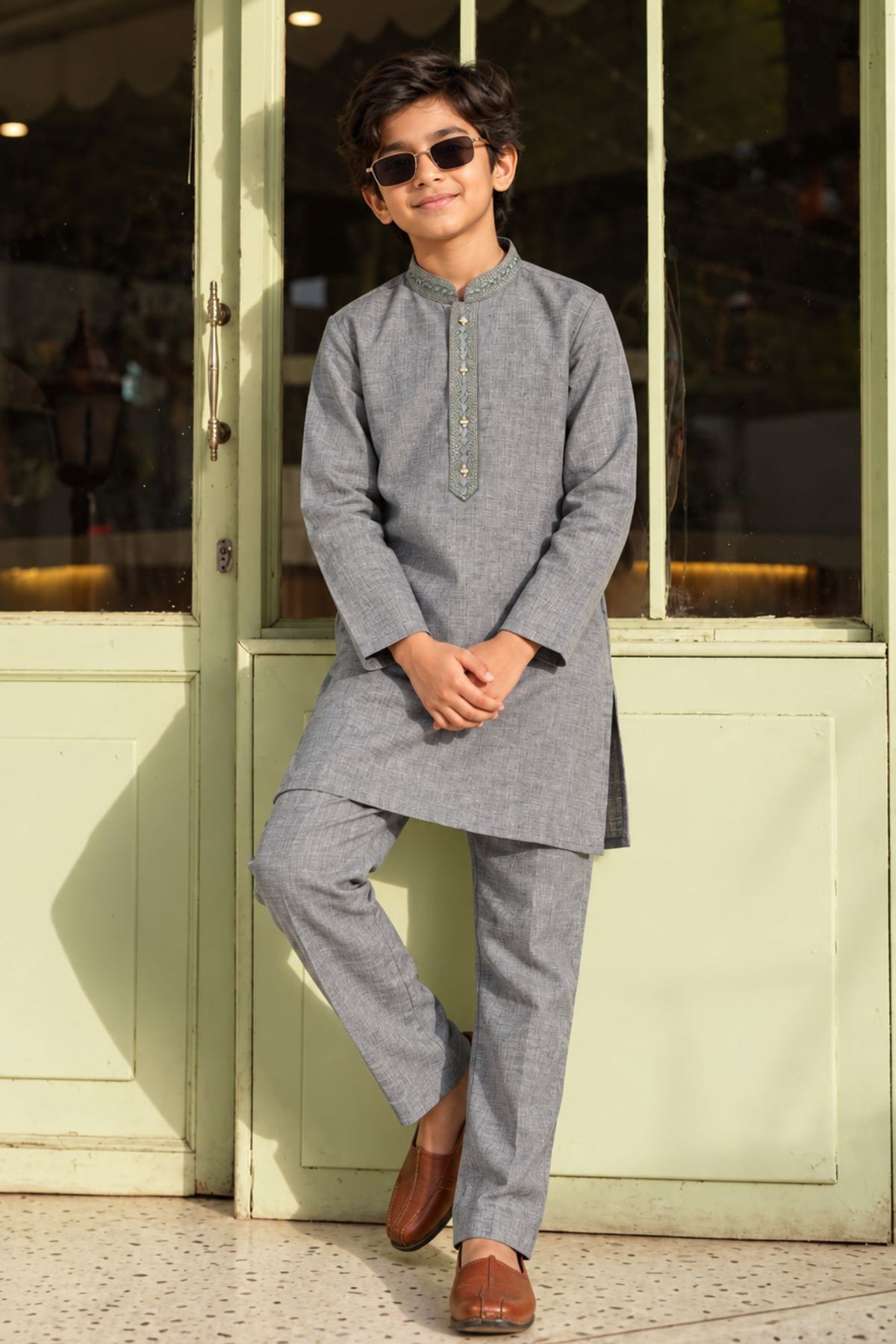 Grey Embroidered Linen Kurta Set For Boys