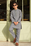 Grey Embroidered Linen Kurta Set For Boys