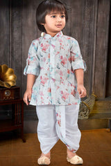 White Full Sleeves And Floral Printed Kurta With Dhoti Set For Boys