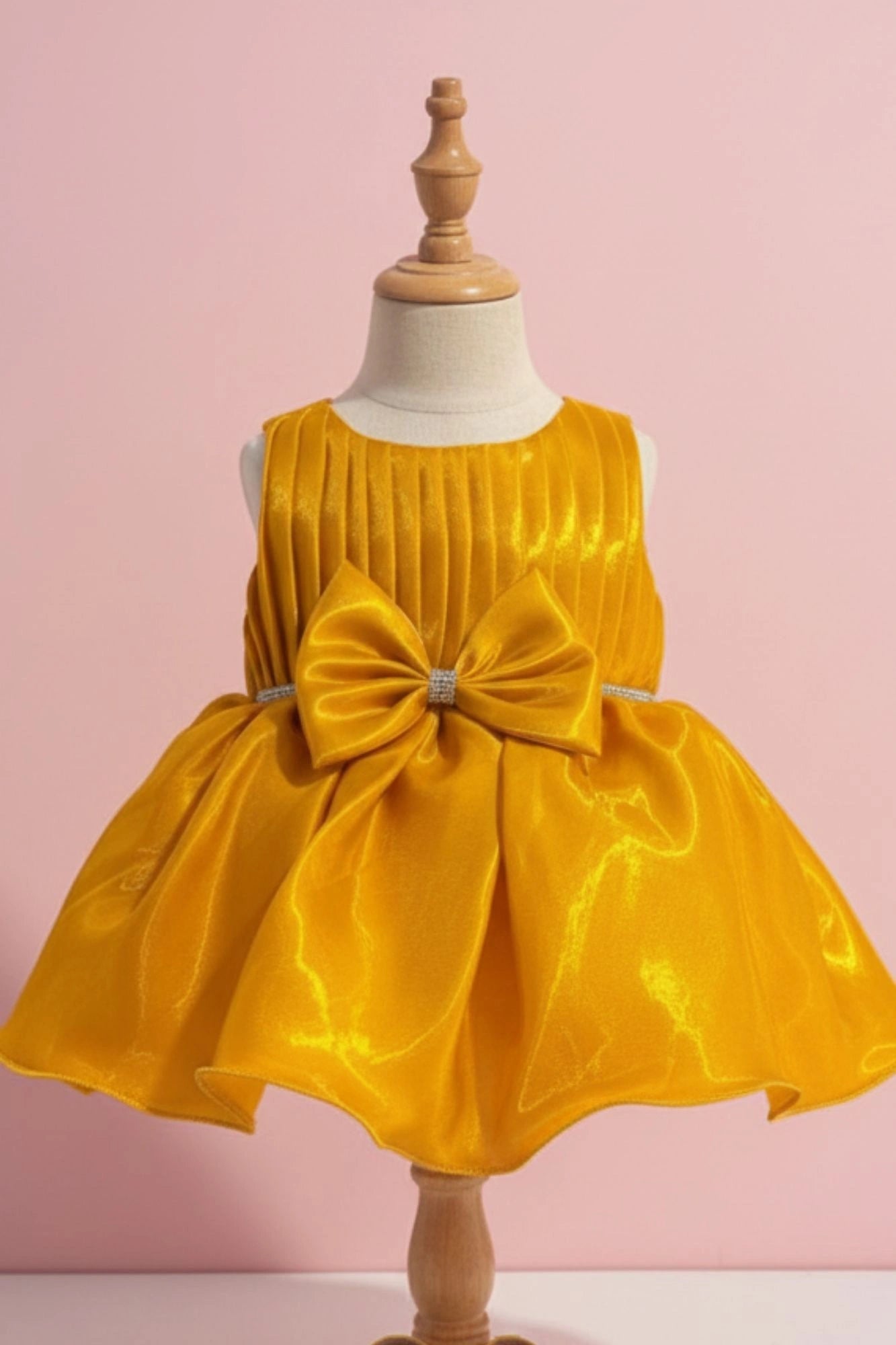 Gold Party Frock with Pleated Bodice and Bow Belt For Girls