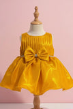 Gold Party Frock with Pleated Bodice and Bow Belt For Girls