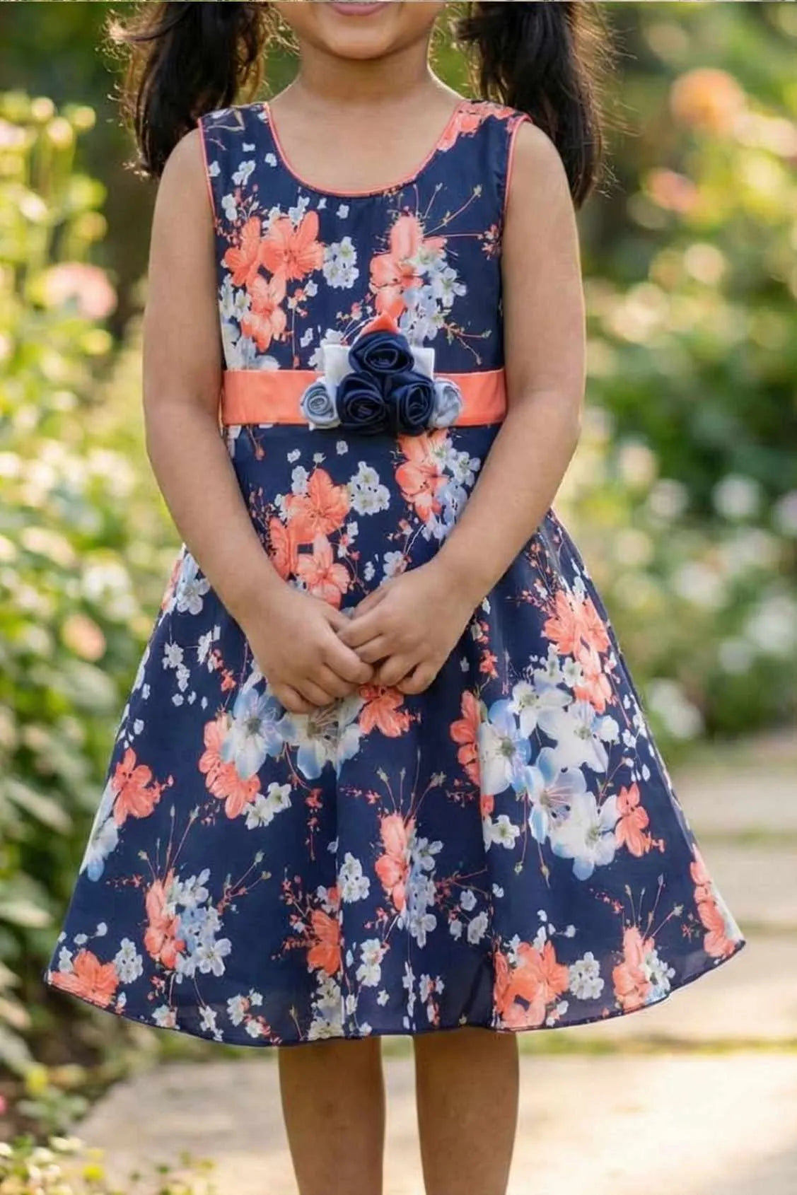 Navy Blue Floral Print Frock For Girls