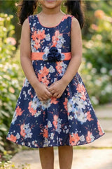 Navy Blue Floral Print Frock For Girls