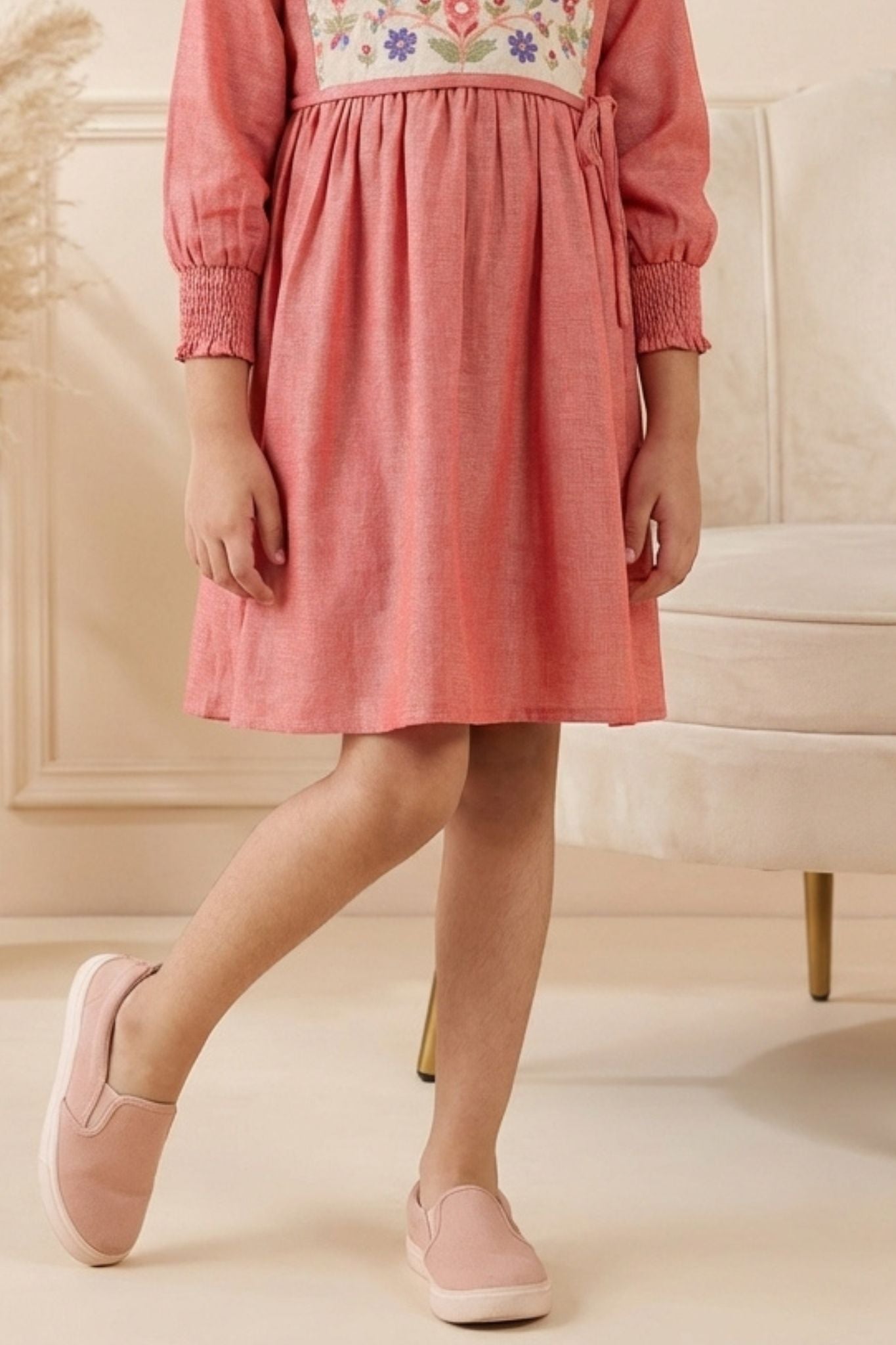 Rust Red Cotton Dress with Multicolor Floral Embroidered Yoke For Girls