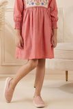 Rust Red Cotton Dress with Multicolor Floral Embroidered Yoke For Girls