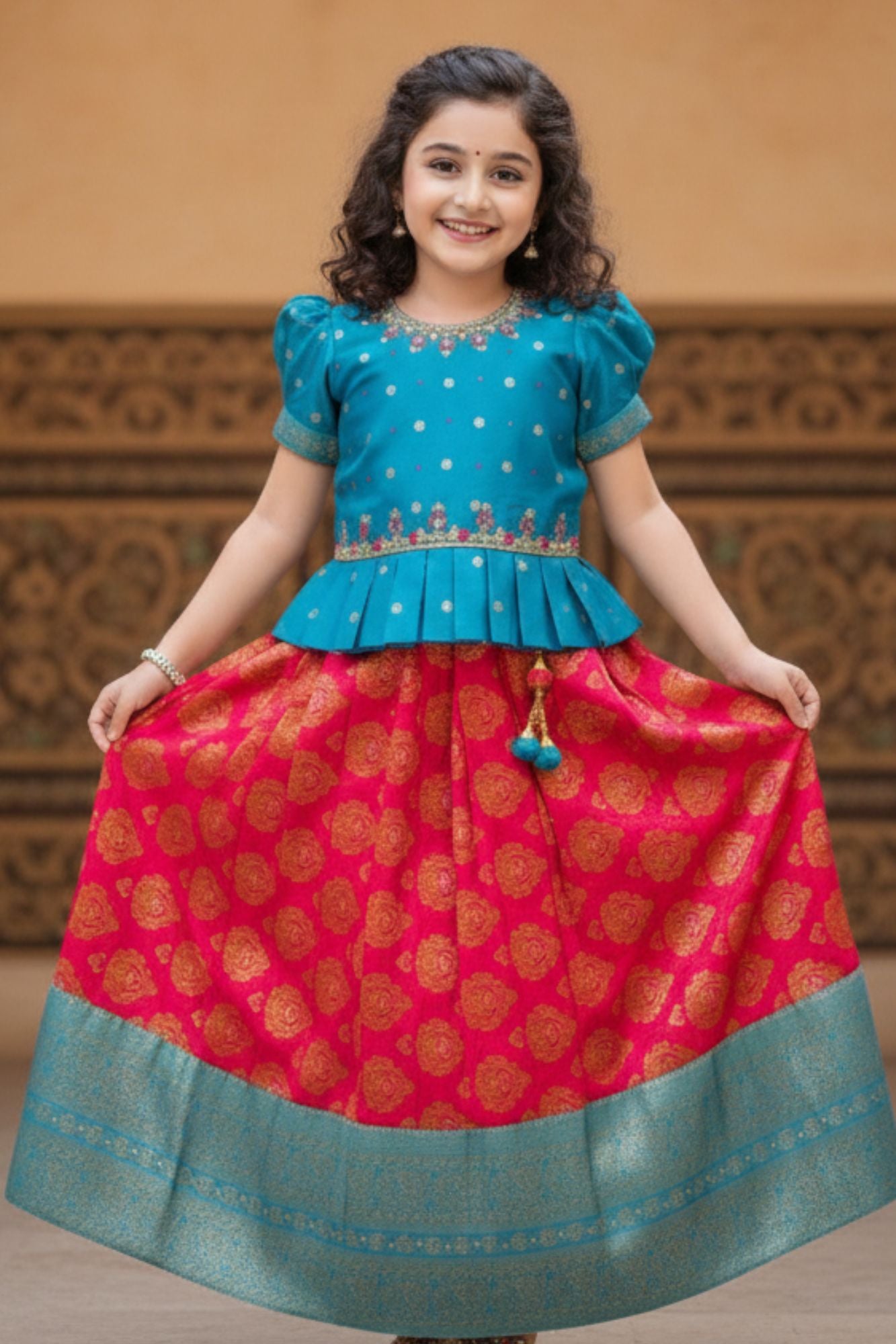 Blue And Rani Pink Embroidered Peplum Pattu Pavadai Set with Zari Work For Girls