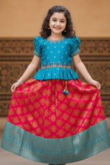 Blue And Rani Pink Embroidered Peplum Pattu Pavadai Set with Zari Work For Girls