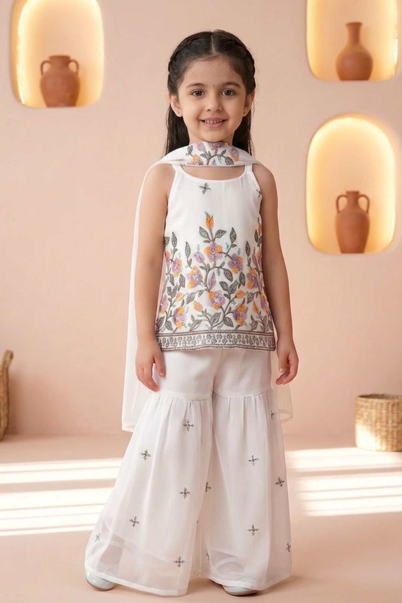 Girls White Floral Embroidered Sharara Set with Dupatta