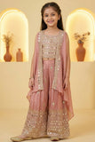 Onion Pink Mirror Embroidered Palazzo Set With Jacket For Girls