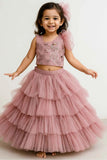 Pink Sequin One-Shoulder Lehenga Choli Set For Girls