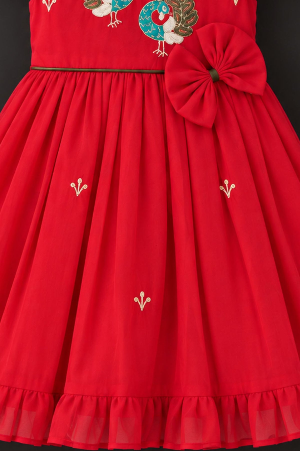Crimson Red Peacock Embroidered Ruffle Sleeve  Flared Dress For Girls