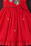Crimson Red Peacock Embroidered Ruffle Sleeve  Flared Dress For Girls