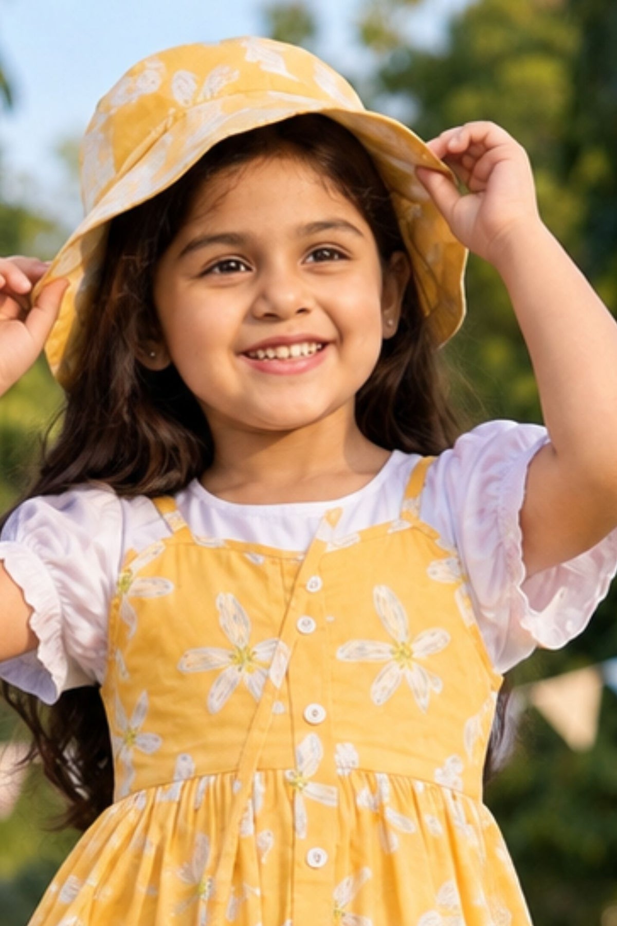 Yellow Floral Printed Dress And Matching Sling Bag For Girls