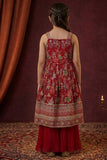 Girls Red Ethnic Kurta Palazzo Set with Dupatta and Traditional Print Detailing