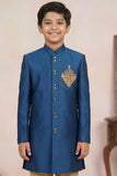 Elegant Boys Royal Blue Sherwani with Gold Motif Embroidery And Pyjama Set