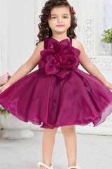 Wine Organza Frock With Floral Embellished For Girls