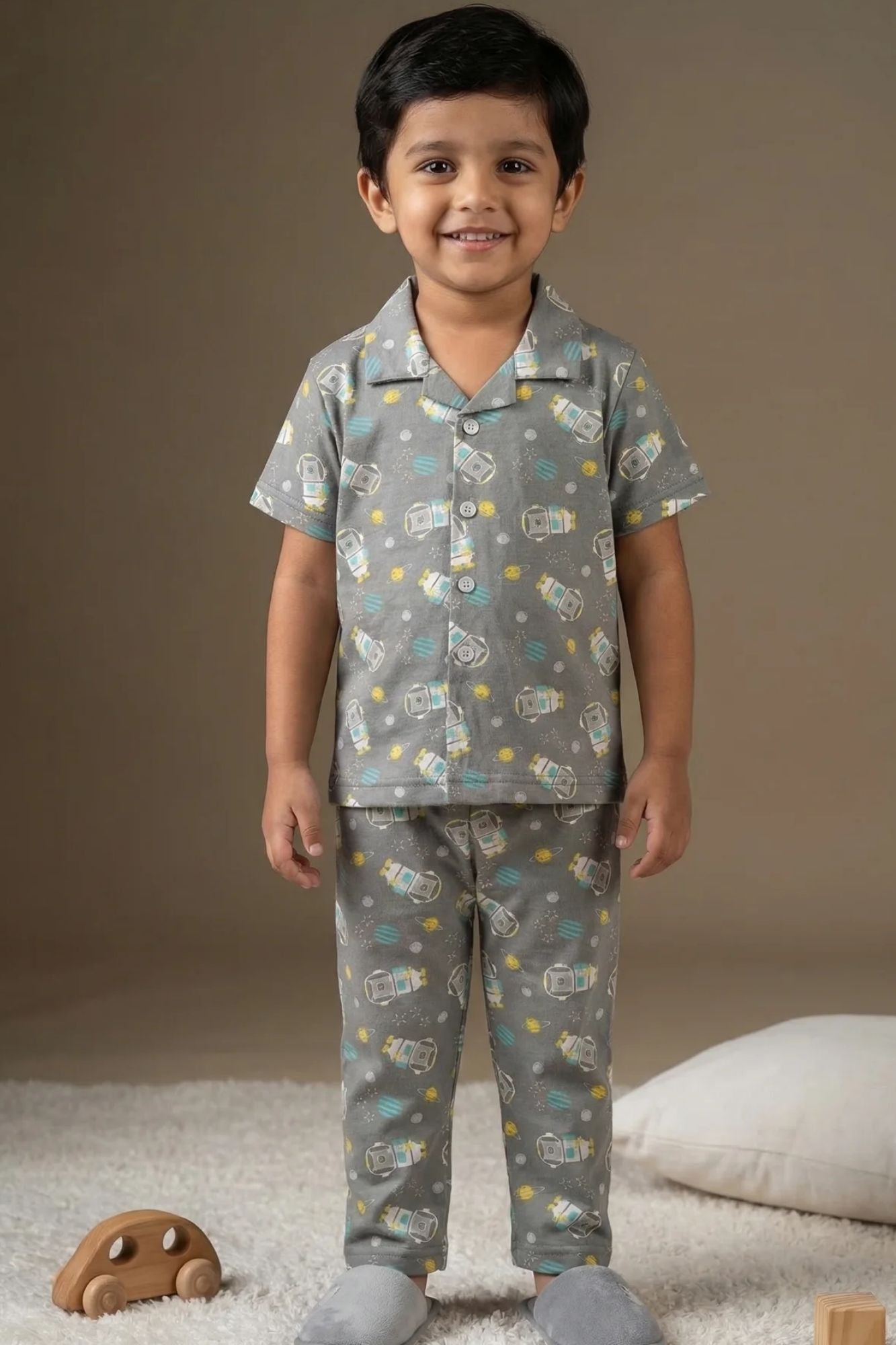 Grey Space Astronaut Print Cotton Night Suit Set For Boys