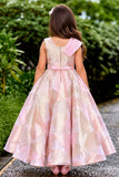 Girls Pink Metallic Geometric Floral Applique Party Wear Gown