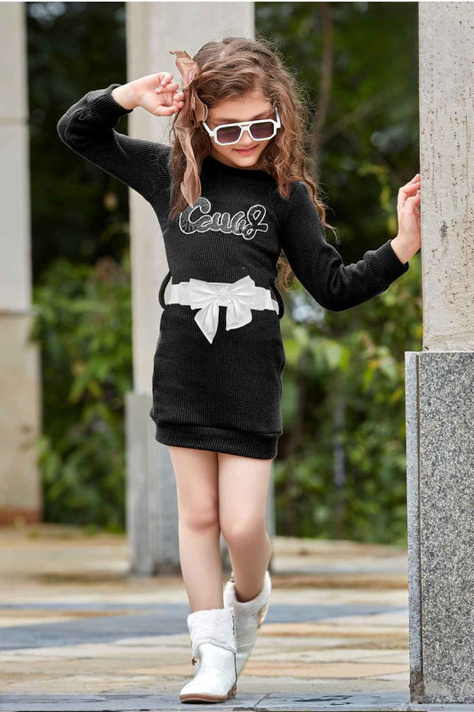 Black Full Sleeves Dress With Bow Embellishment And Sequin Work For Girls