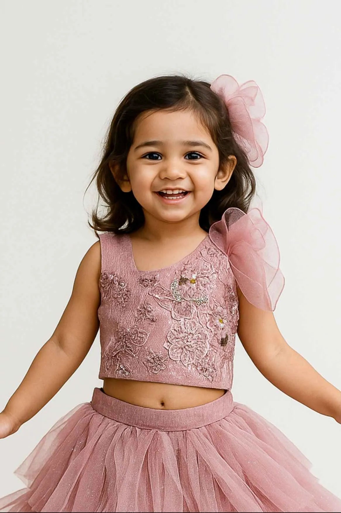 Pink Sequin One-Shoulder Lehenga Choli Set For Girls