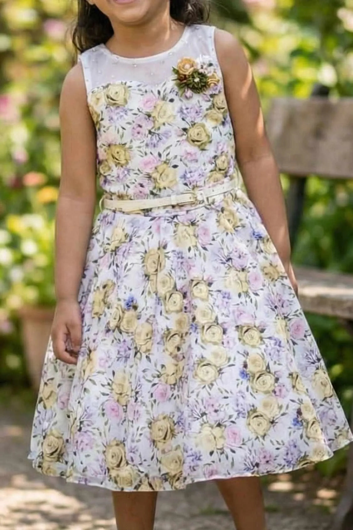 Ivory Floral Print Frock for Girls