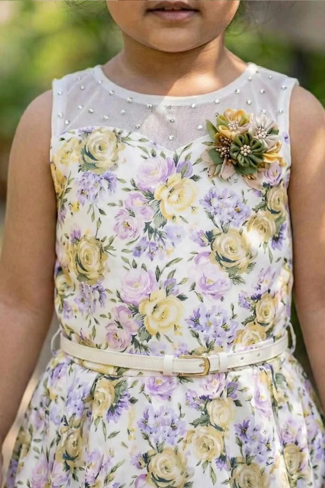 Ivory Floral Print Frock for Girls