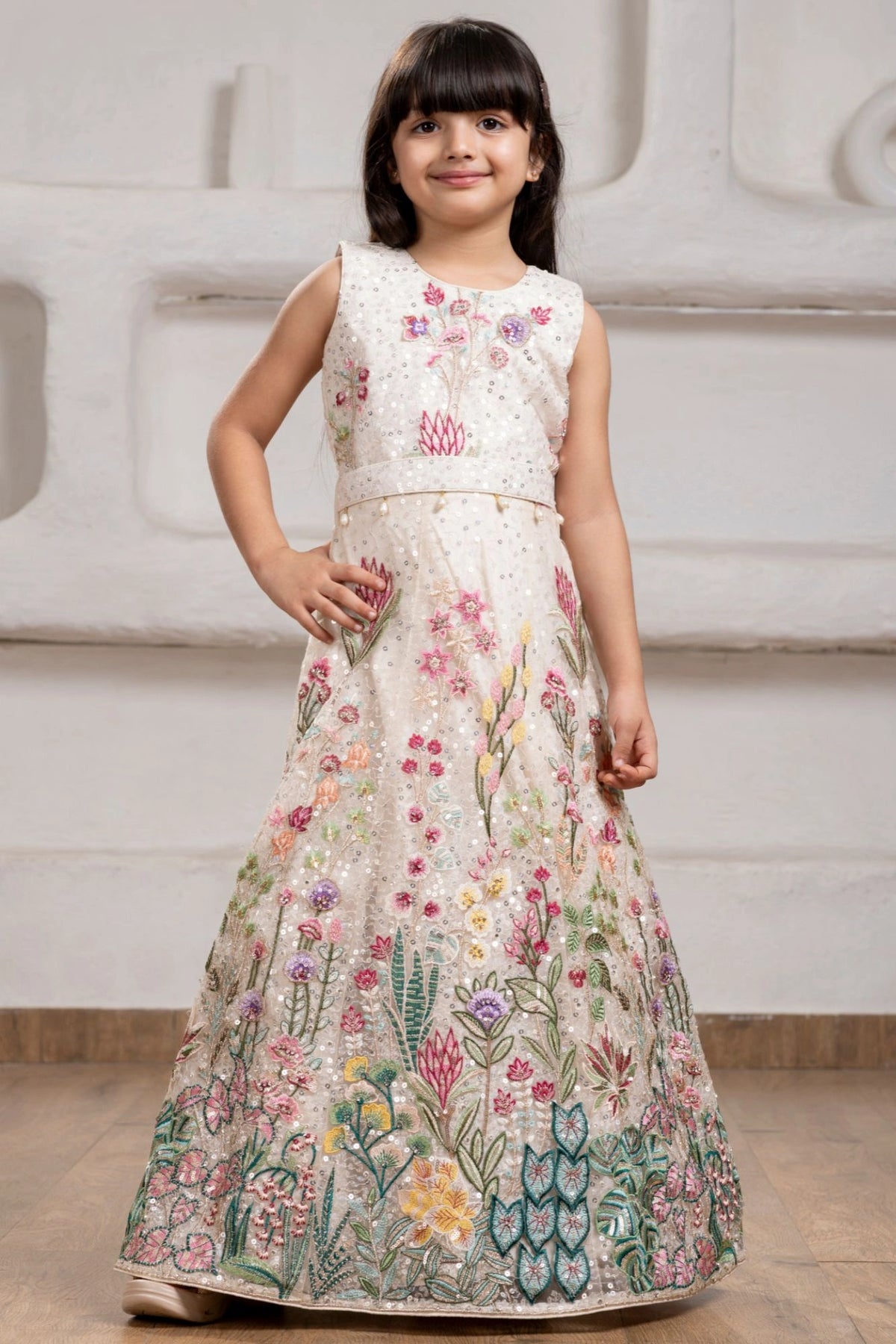 Cream Floral Embroidered Gown For Girls