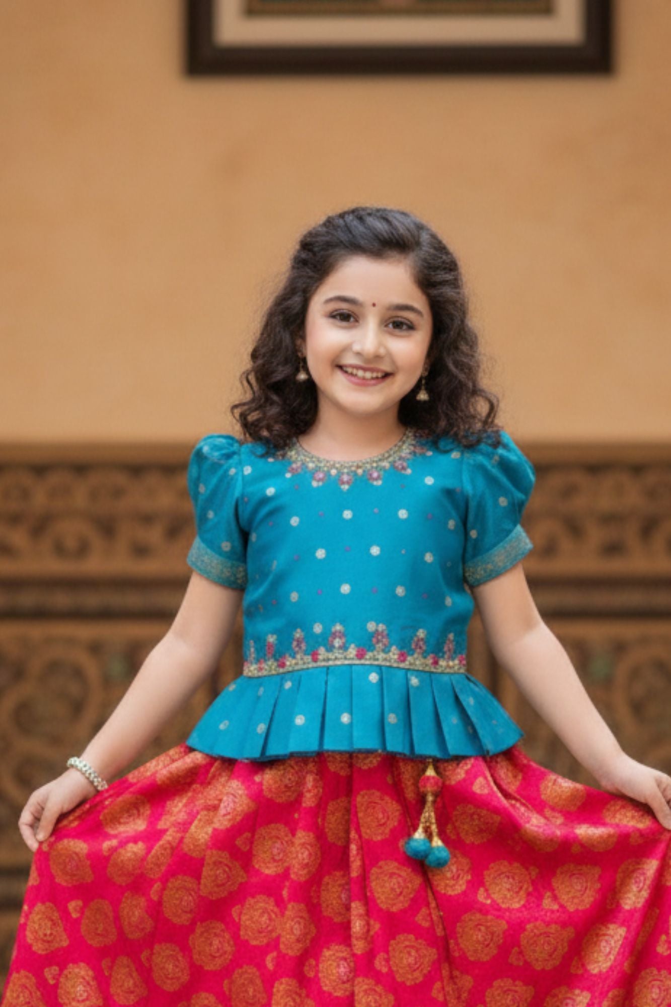 Blue And Rani Pink Embroidered Peplum Pattu Pavadai Set with Zari Work For Girls