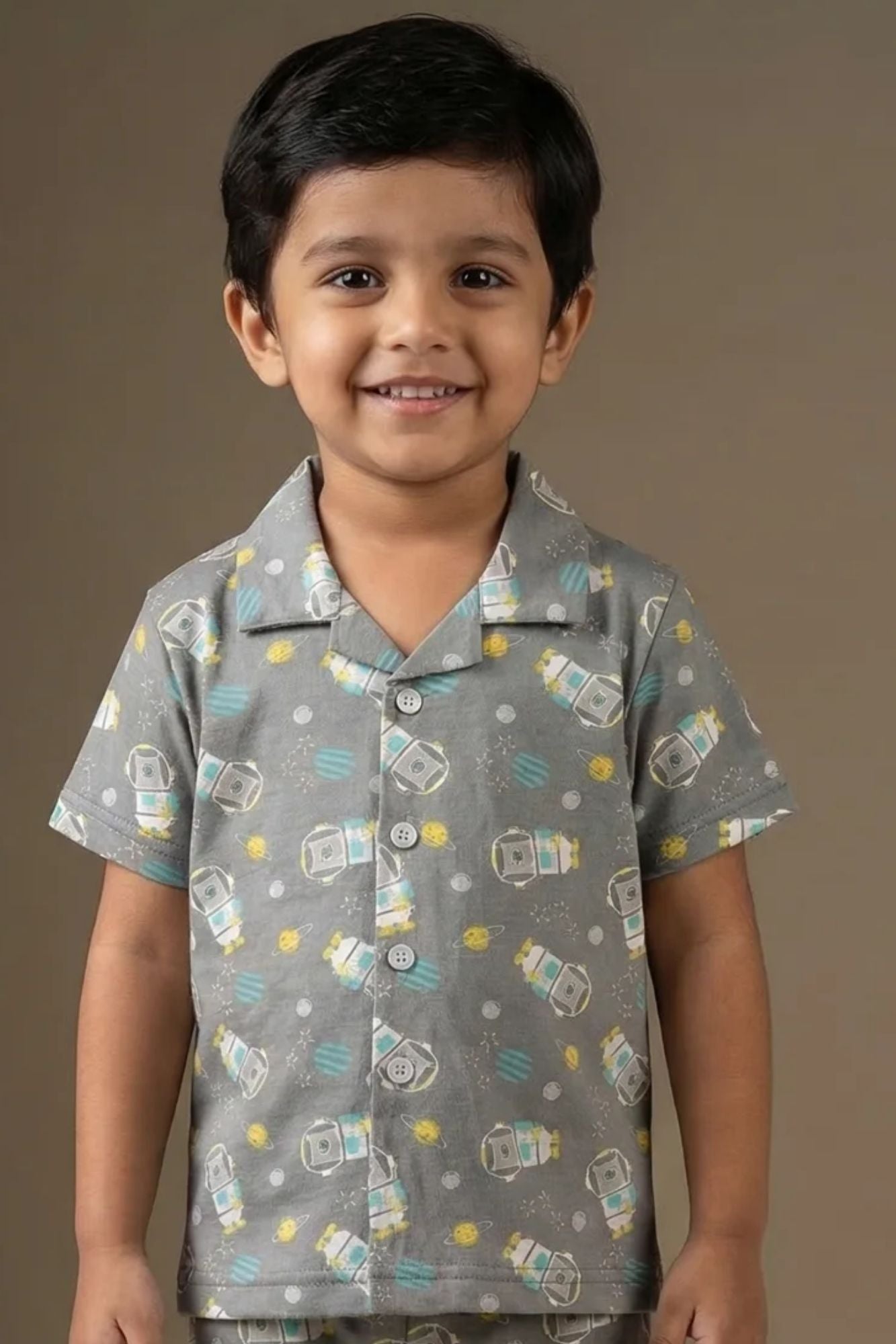 Grey Space Astronaut Print Cotton Night Suit Set For Boys
