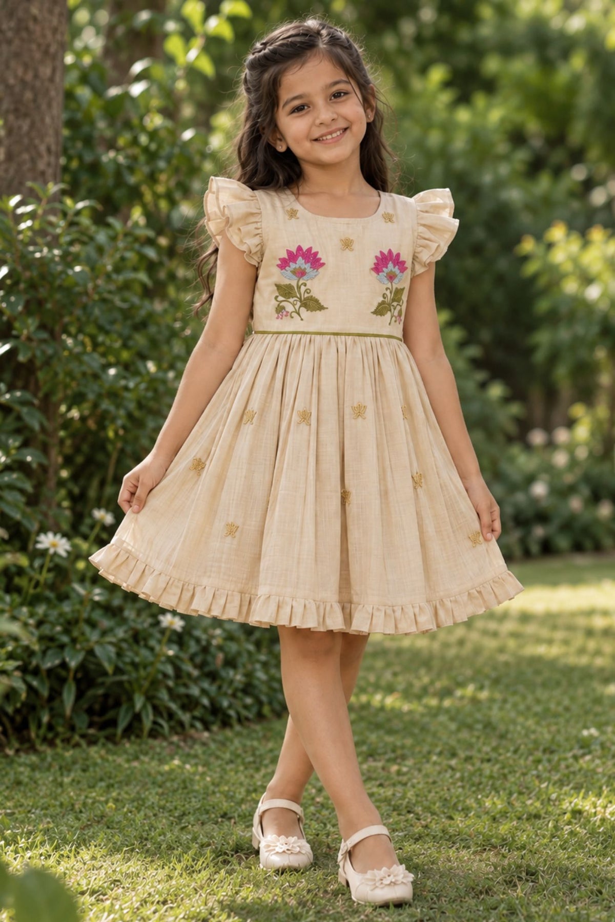 Girls Fawn Floral Embroidered Ruffle Sleeve Flared Dress