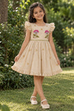 Girls Fawn Floral Embroidered Ruffle Sleeve Flared Dress