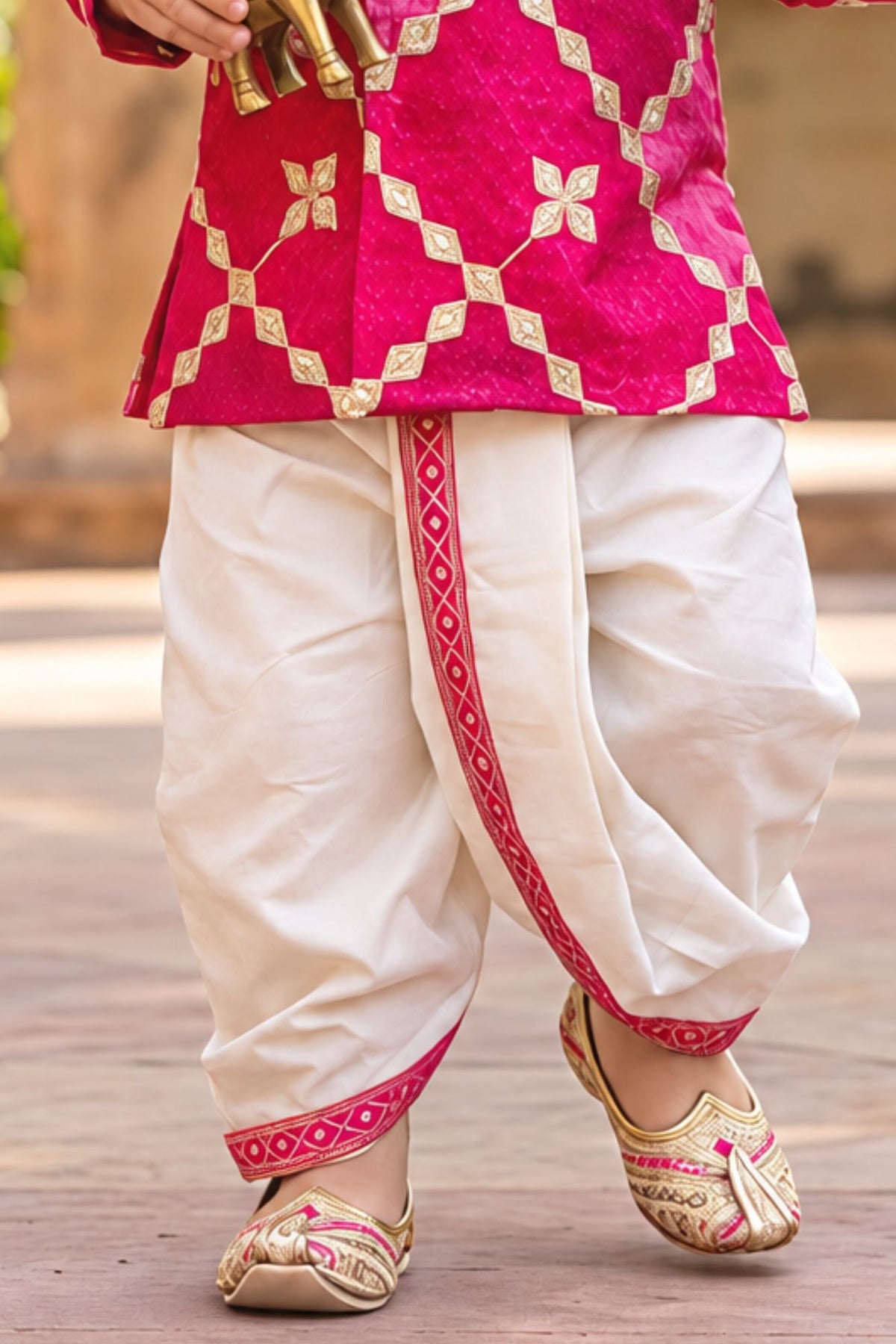 Boys Rani Pink With Gold Geometric Embroidered Kurta Dhoti Set