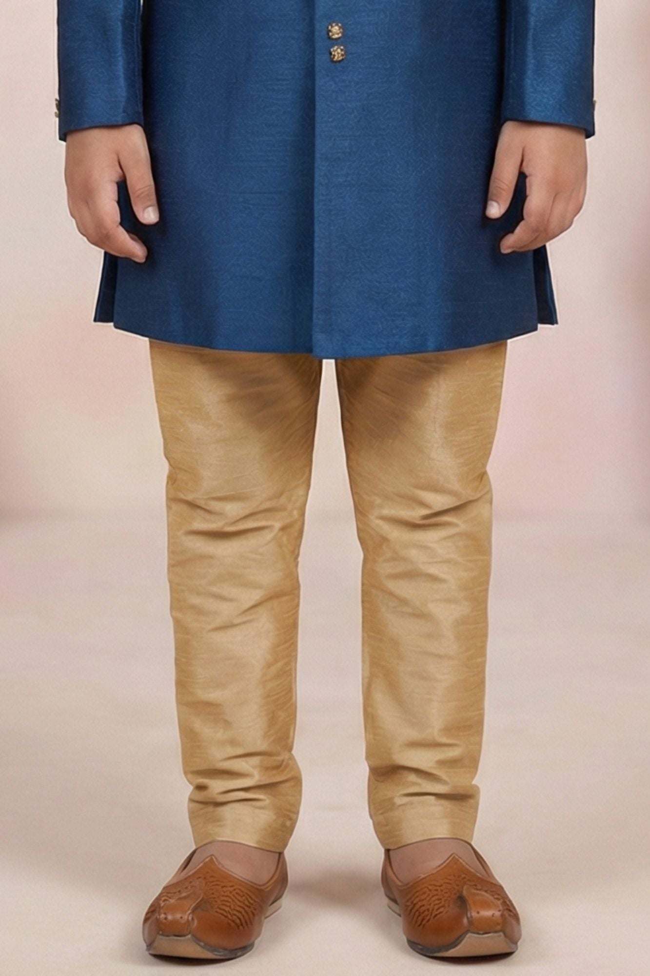 Elegant Boys Royal Blue Sherwani with Gold Motif Embroidery And Pyjama Set