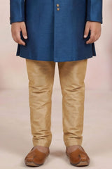 Elegant Boys Royal Blue Sherwani with Gold Motif Embroidery And Pyjama Set