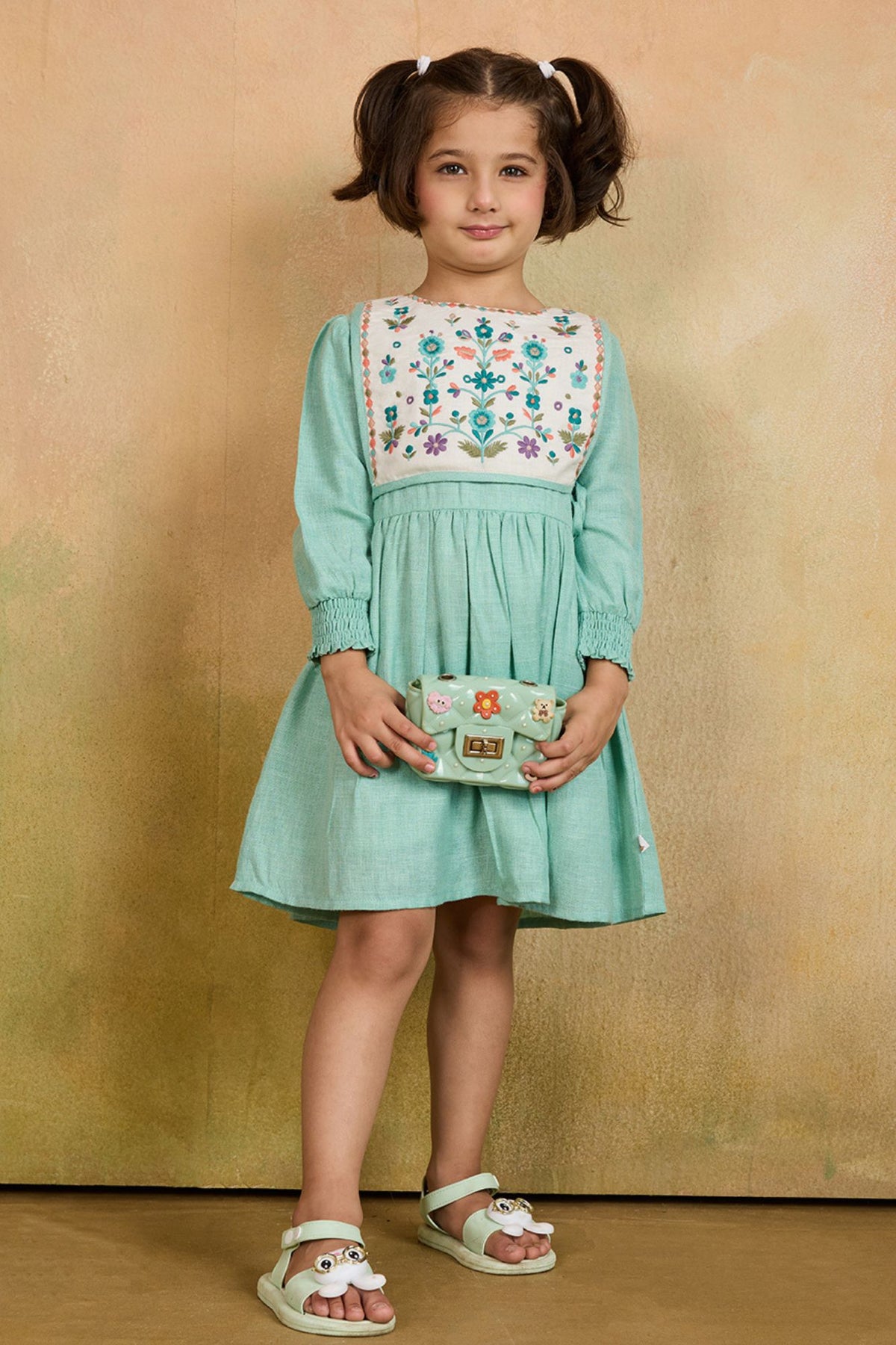 Sea Green Cotton Dress with Multicolor Floral Embroidered Yoke For Girls