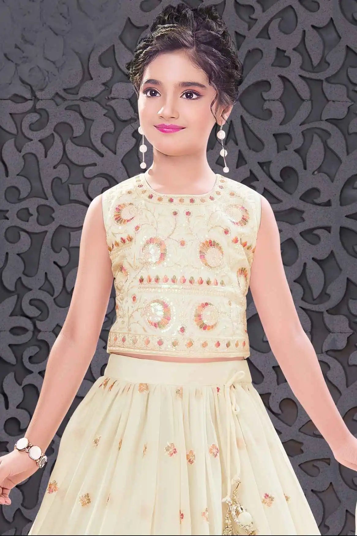 Cream Embroidered Lehenga Choli Set With Sequins Work And Dupatta For Girls
