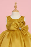 Golden Yellow Party Frock with Statement Bow and 3D Floral Appliqué For Girls