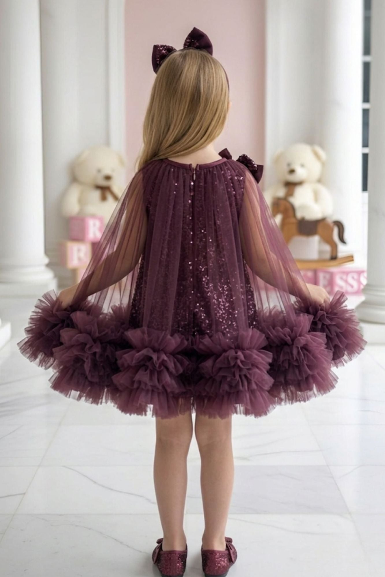 Wine Sequin Cape Style Party Frock For Girls