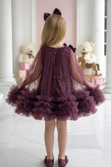 Wine Sequin Cape Style Party Frock For Girls