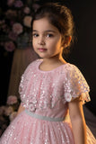 Girls Pink Sequinned Net Party Wear Frock with Floral Embellishments