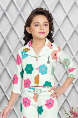 White Floral Printed Casual Co Ord Set For Girls