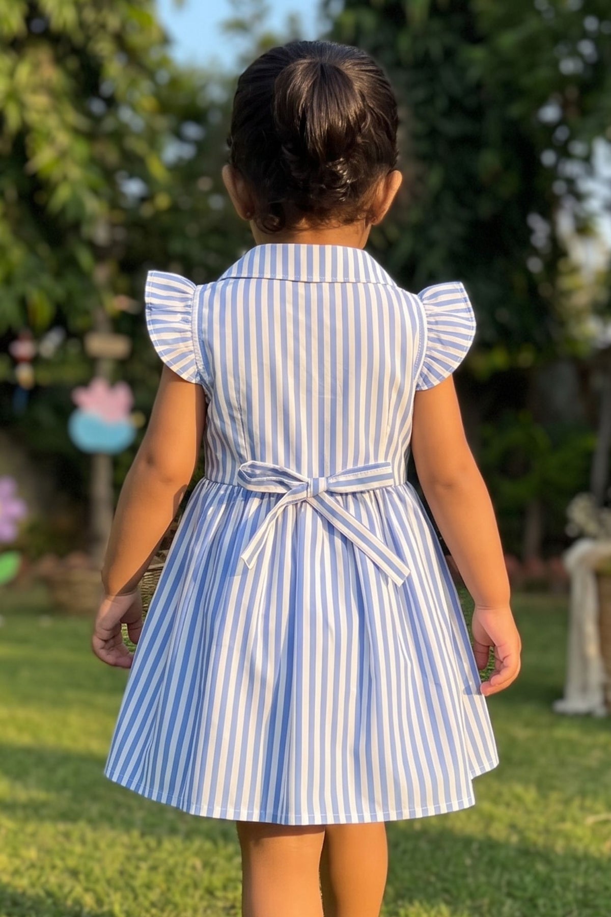 Charming Girls Blue And White Striped Shirt Dress with 3D Floral Applique