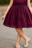 Wine Embellished Satin Party Wear Frock with Floral Appliqué Detailing For Girls