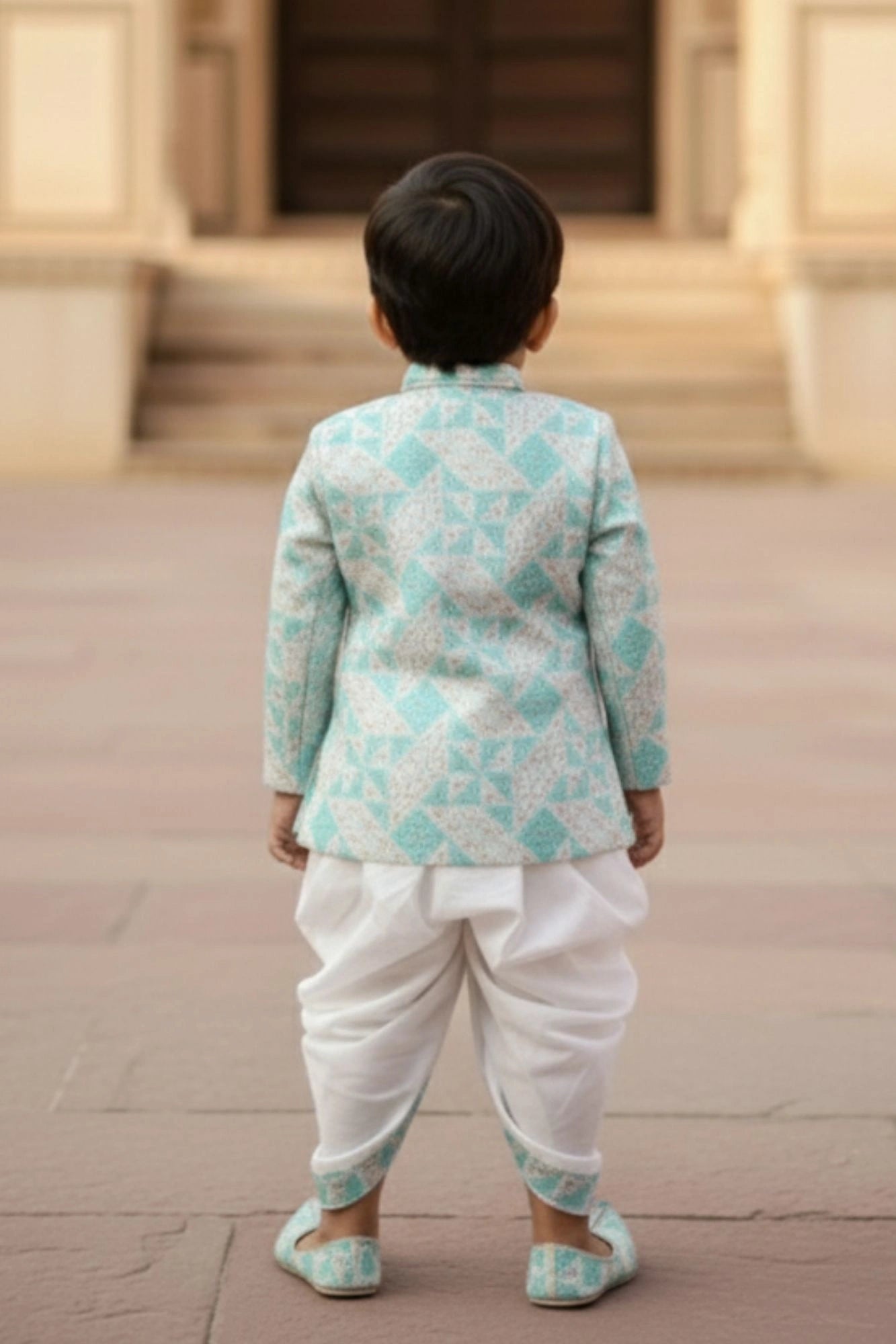 Aqua Blue Geometric Printed Kurta And Dhoti  Set for Boys