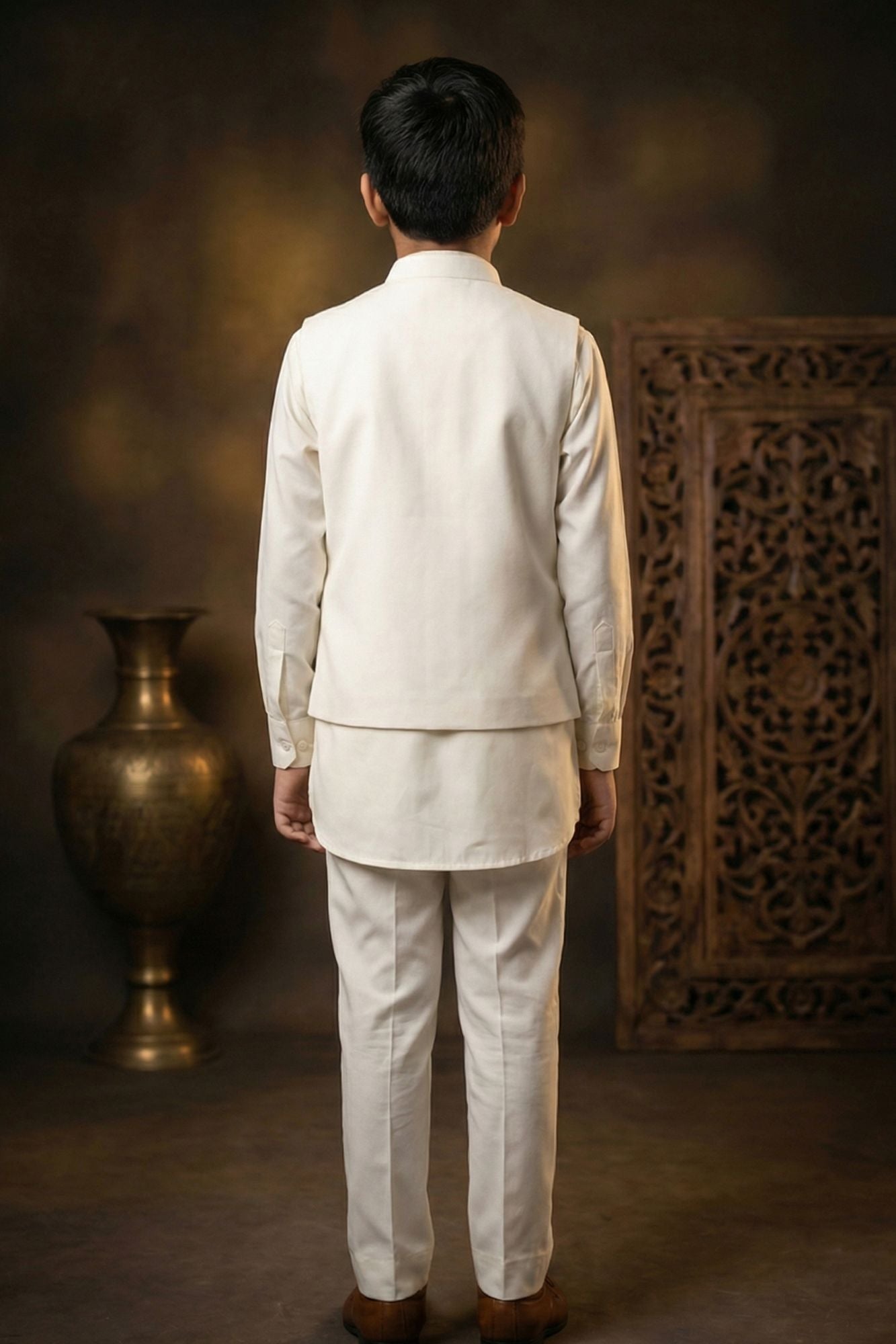 White Embroidered Kurta Set With Mandarin Collar For Boys