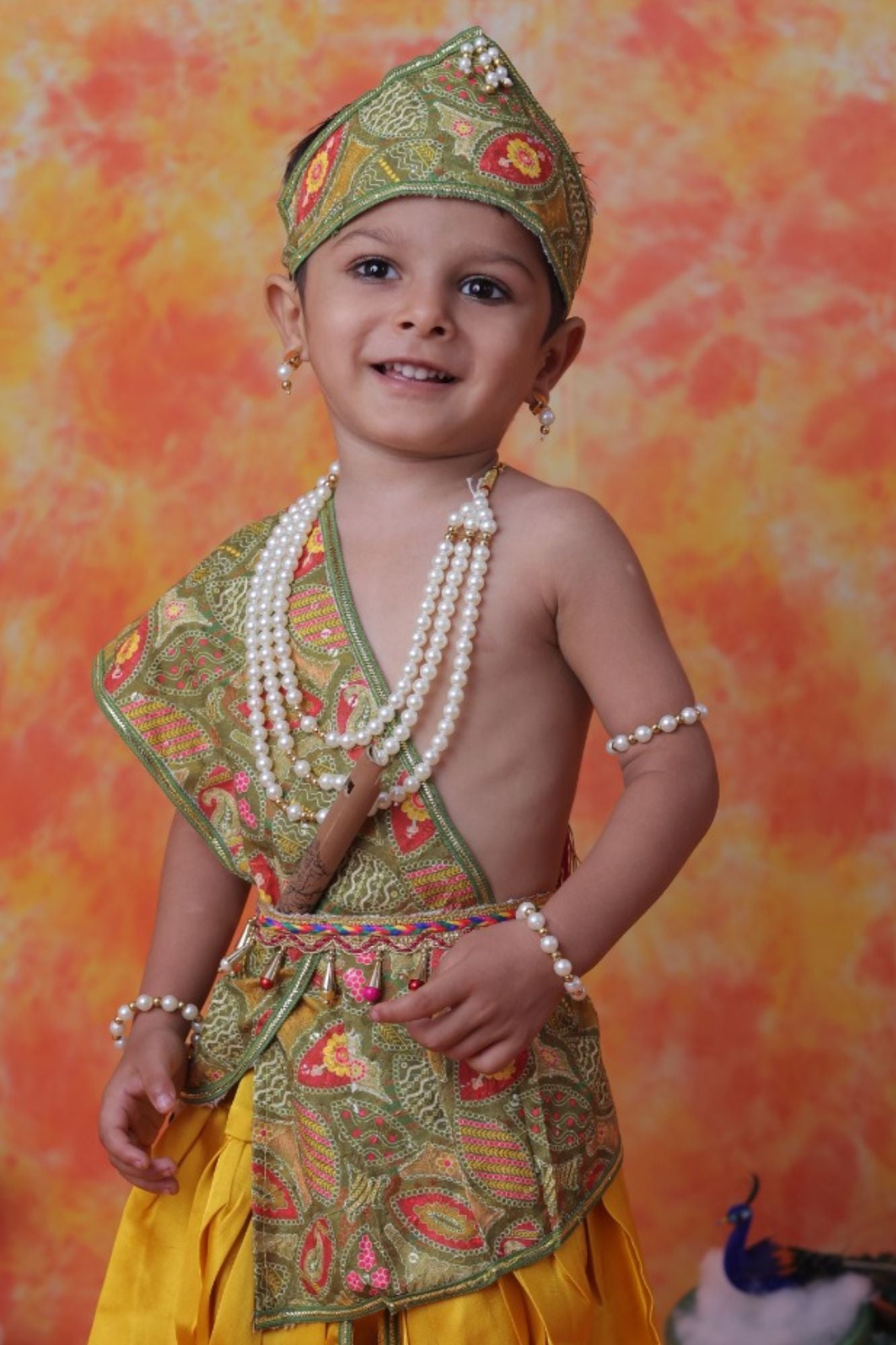 Mustard Yellow Krishna Janmashtami Dhoti Set with Paisley Print Angavastram for Boys