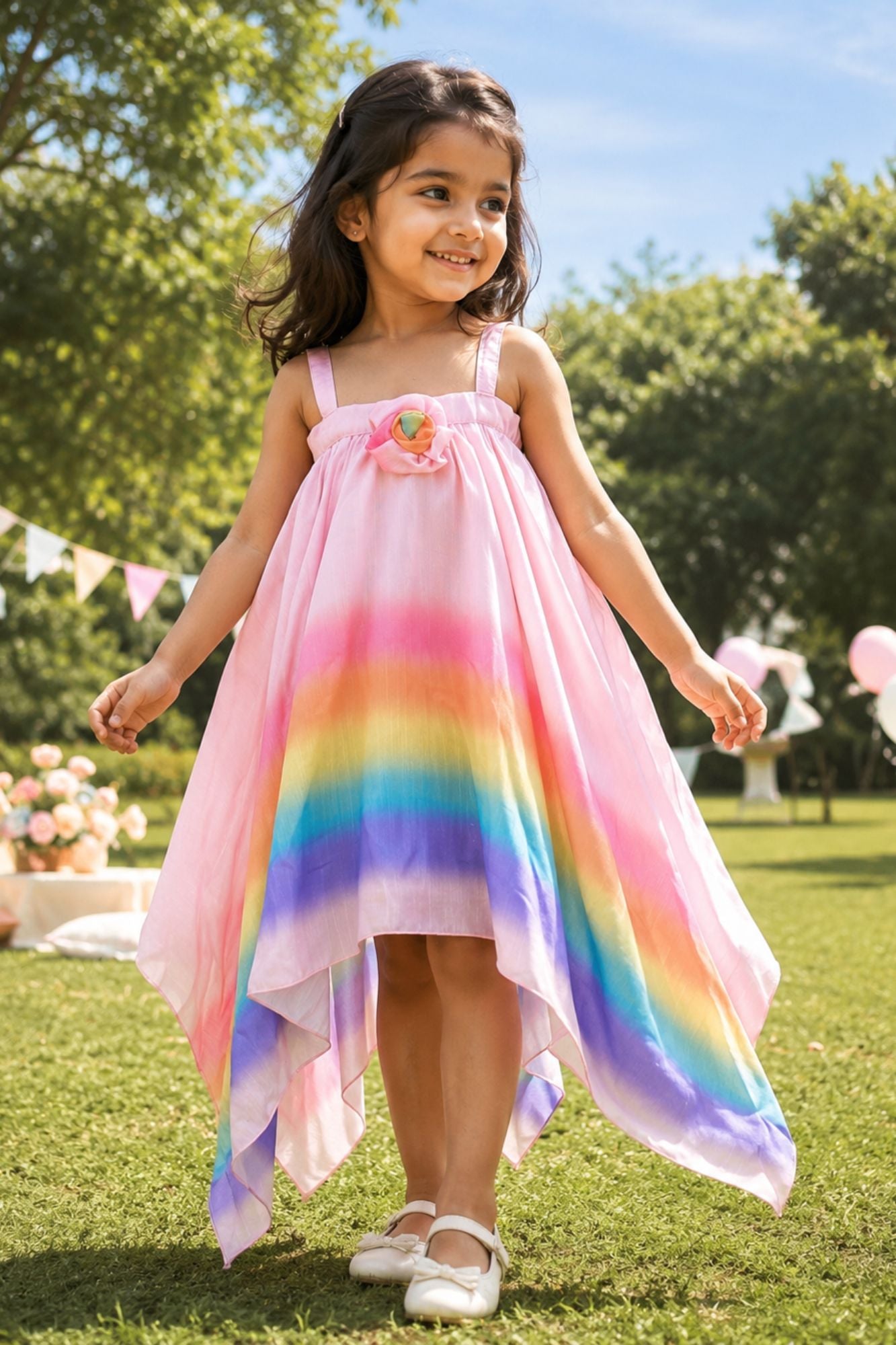 Girls Pink Rainbow Ombre Party Wear Dress