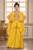 Mustard Yellow Multicolour Embroidered Cape Style Top With Wide-Leg Palazzo Set