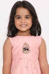 Pink Sleeveless Chanderi Silk Embroidered Frock For Girls