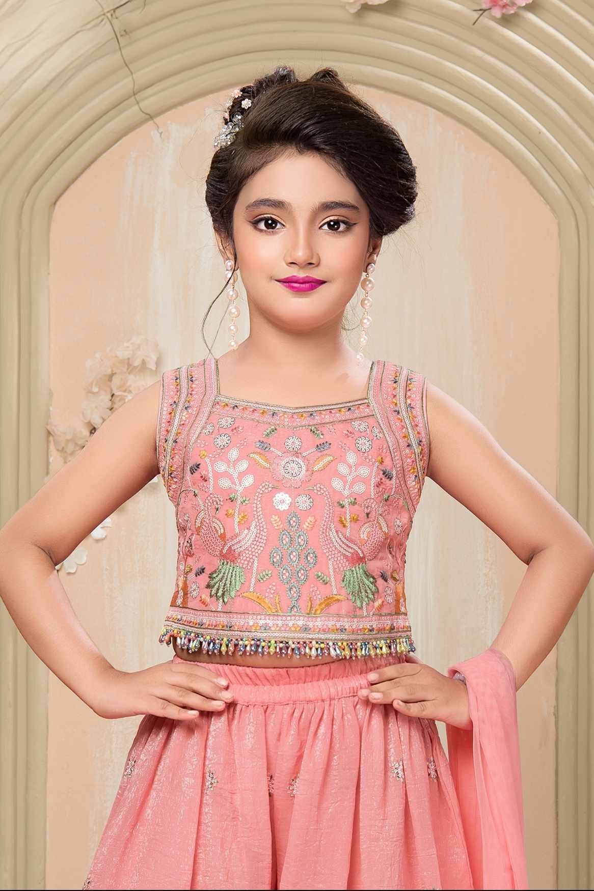 Peach Thread Embroidered Palazzo Set For Girls